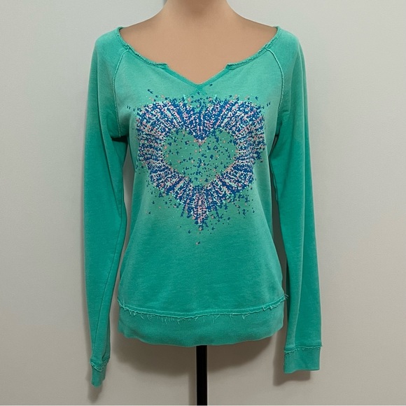 3/$30 Mossimo Supply Co Distressed Graphic Pullover Sweatshirt Turquoise Medium - Picture 2 of 12